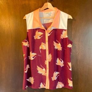 ModCloth Sleeveless Top Maroon with Crane Bird Pattern Size XL NWOT